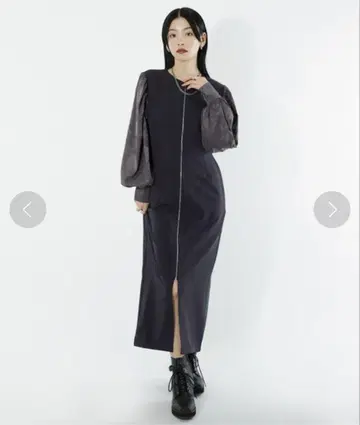 센터 지퍼 자카드 절개 원피스 모드 스타일 네이비 HARE