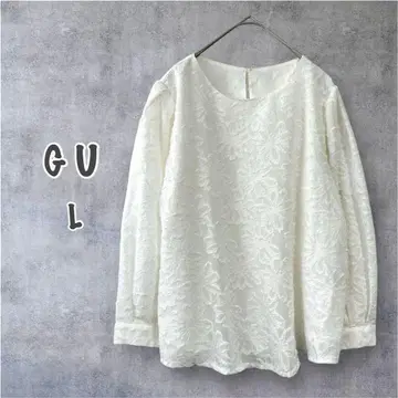 GU 지유 긴팔 블라우스 (L) 화이트 꽃무늬 자수 귀여운 고급 화려한