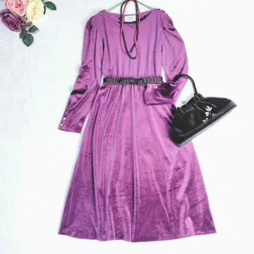 레어 80s 빈티지 미국제 벨로아 원피스 구제 의류 퍼플 LL