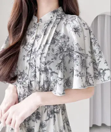 플라워 프린트 플레어 슬리브 원피스