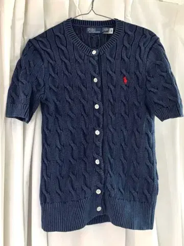 폴로 로고 케이블 니트 가디건 반팔 네이비