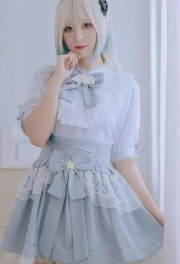 지뢰계 천사계 패션 블루 프릴 리본 미니 원피스