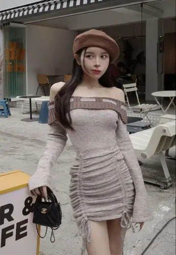 Darich 오프숄더 스티치 니트 미니 원피스