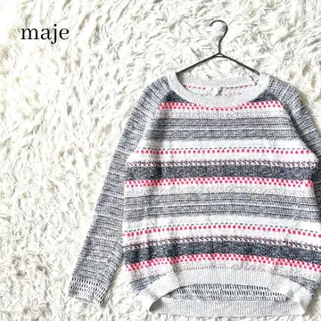 마쥬 라메 혼방 보더 니트 긴팔 스웨터 성숙/러블리 M 화이트 핑크