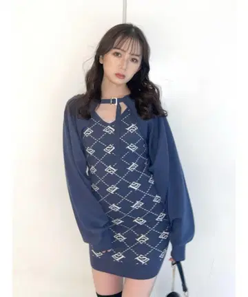 LIPSERVICE 자카드 앙상블 니트 원피스 파랑 블루