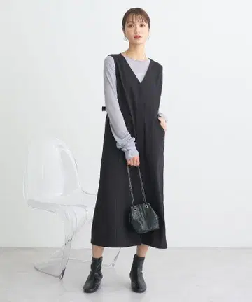 어스 뮤직 블랙 슬리브리스 롱 원피스
