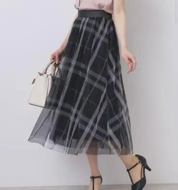 플레어 스커트 튤 체크 라메