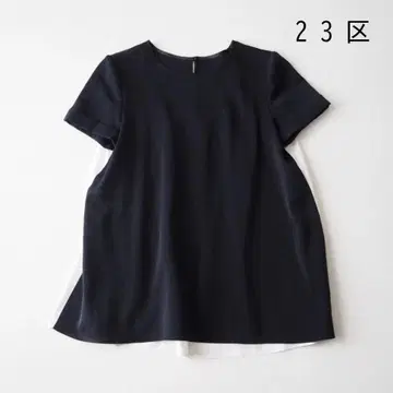 23구 백 플레어 바이컬러 네이비 반팔 풀오버 셔츠 38