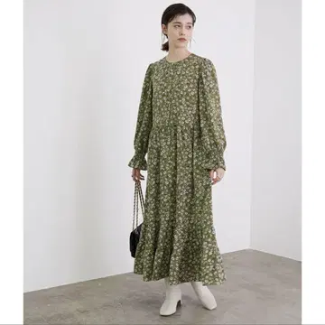 ROPE 빈티지 플라워 티어드 롱 원피스 꽃무늬 올리브
