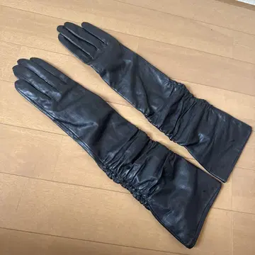 가죽 개더 롱 그로브 블랙