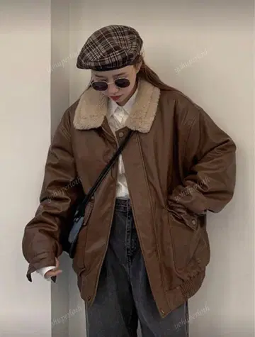 브라운 가죽 자켓 SHEIN