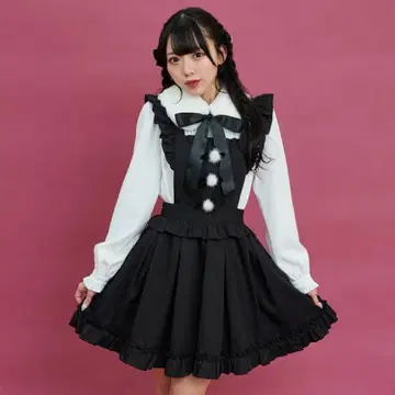 시크릿허니 폼폼 리본 에이프런 점퍼 드레스 지뢰