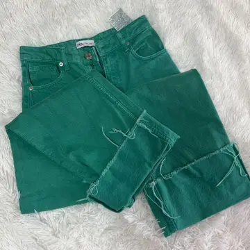 ZARA 그린 스트레이트 데님 프린지 밑단 SIZE 26 하이웨스트