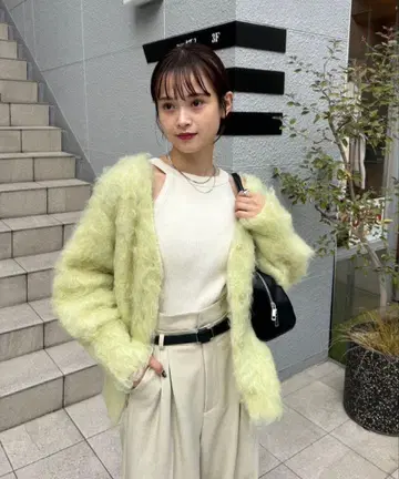 미스틱 울 혼방 샤기 가디건 그린