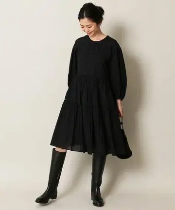 SLOBEIENA 블랙 티어드 드레스 무릎 기장