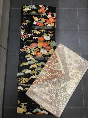블랙 기모노 꽃무늬 기모노와 오비 세트