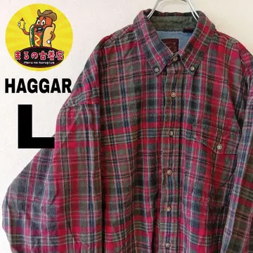 USA 구제 의류 HAGGAR 플란넬 셔츠 L 레드 모스그린 체크