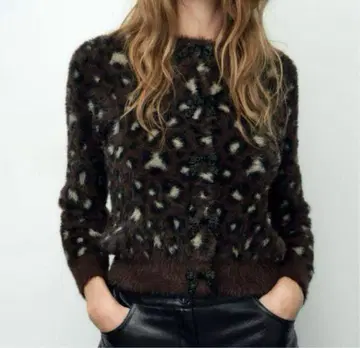 ZARA 인조 모피 자카드 니트 자켓 레오파드 무늬 리본