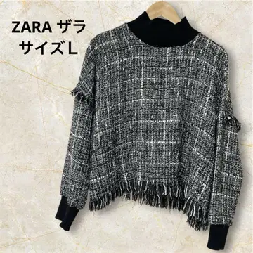 ZARA 자라 프린지 장식 트위드풍 체크 무늬 니트 L 사이즈