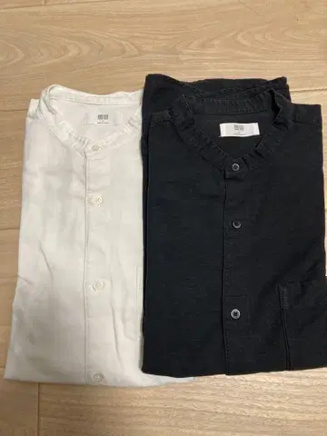유니클로 코튼 린넨 스탠드 카라 셔츠 L 화이트 블랙 세트 uniqlo