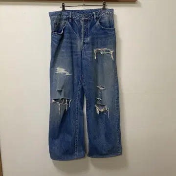 MINEDENIM 데미지 가공 라이트 블루 데님 청바지