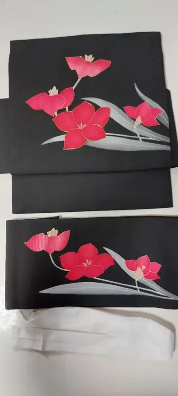 나고야 오비 블랙 베이스 빨간 꽃무늬 부착형 오비