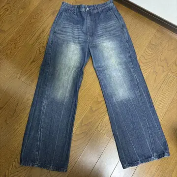 다크 블루 와이드 팬츠 페이드 가공