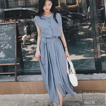 5 [묶음 할인] 벨트 포함 셔츠 원피스 롱 스커트 블루 파랑 M 사이즈