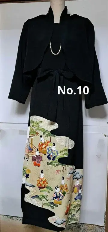 블랙 전통 예복 기모노 그림체 자수 볼레로 부착 롱 드레스