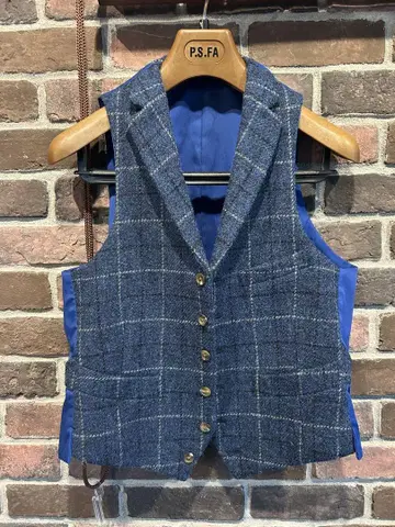 [ 새상품급 ] Harris Tweed 블루 체크 무늬 베스트