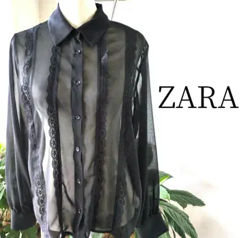 ZARA 자라 시어 쉬폰 블라우스 세로 레이스 블랙 시스루