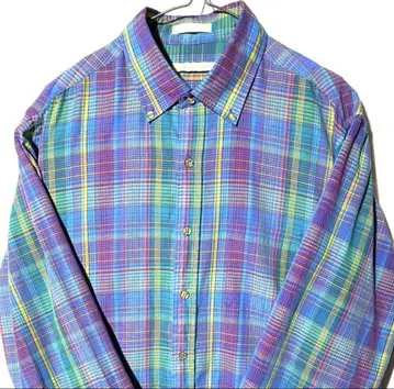 빈티지 L XL 긴팔 랜덤 체크 마드라스 퍼플 셔츠
