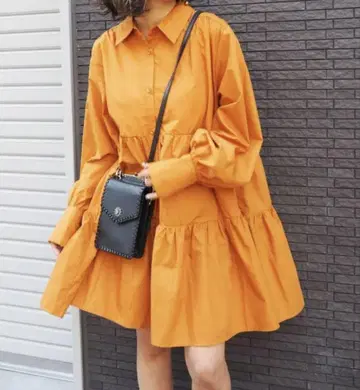EVRIS 오렌지 티어드 원피스 긴팔