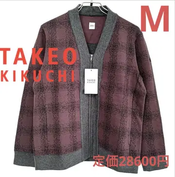 TAKEO KIKUCHI 옴브레 체크 가디건 M 체크 무늬 보르도