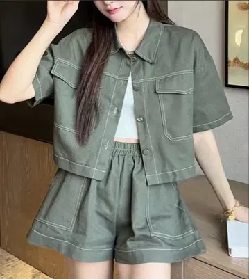 스티치 숏 슬리브 셋업