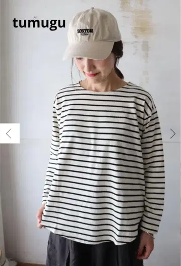 tumugu 츠무구 수프 코튼 보더 천축 밑단 라운드 긴팔 롱 T
