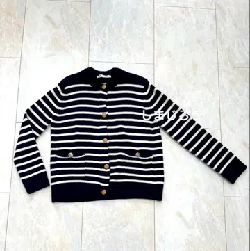 새상품급 ZARA 니트 가디건 네이비 x 화이트 보더 S 마린 골드 버튼