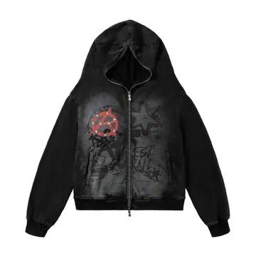 익일 배송 Supermade 크롭 그래픽 프린트 풀 집업 후드티