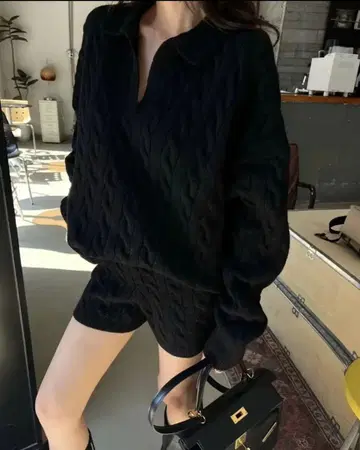 한국 스타일 윈터 케이블 스웨터 & 숏팬츠 2세트 여성용 루즈핏