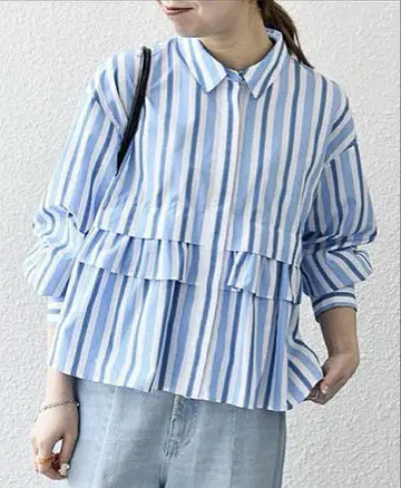 택없는 새상품 쉽스에니 프릴 스트라이프 블라우스 블루