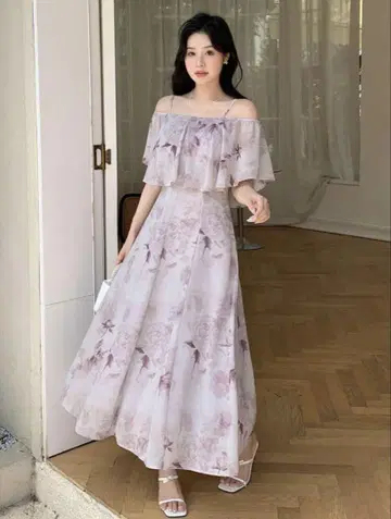 플라워 프린트 오프숄더 롱 원피스