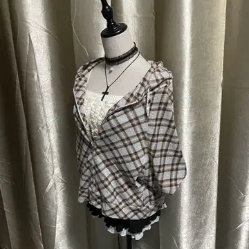 후드 부착 체크 무늬 판초 페어리 그런지 coquette 모리걸