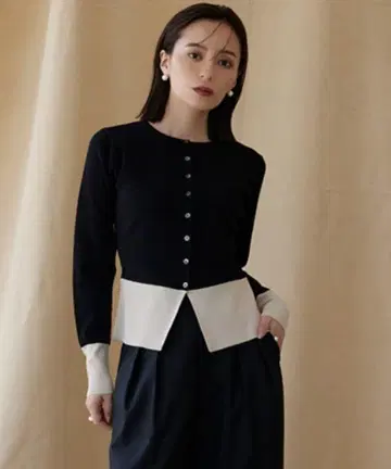 anuans 페플럼 바이컬러 가디건 네이비