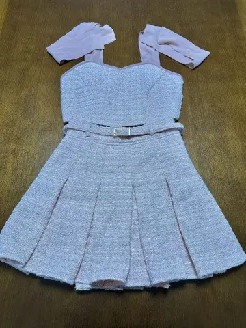 RESEXXY 숄더 리본 트위드 뷔스티에 스커트 핑크 2종 세트