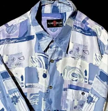 빈티지 L XL 올 패턴 기하학 패턴 오버 사이즈 실크 셔츠