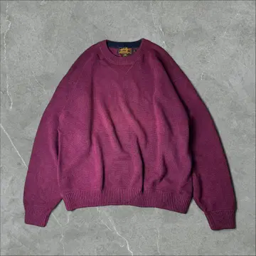 80s Eddie Bauer 블랙 택 앞 V 솔리드 코튼 니트 L 보라색