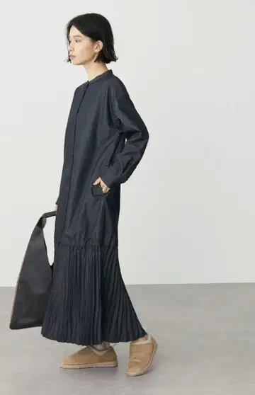 아메리칸 홀릭 플리츠 데님 롱 원피스 셔츠