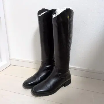 블랙 가죽 롱 부츠 플랫 힐