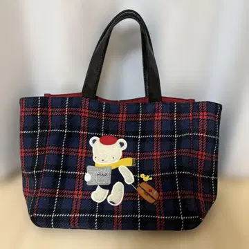 familiar 체크 무늬 곰 자수 토트백