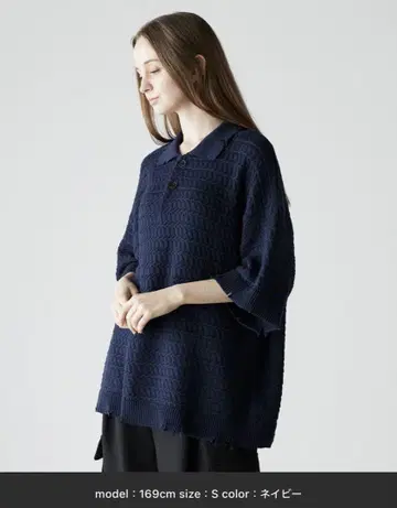 CLEL 디자인 데미지 반팔 니트 네이비 S 사이즈